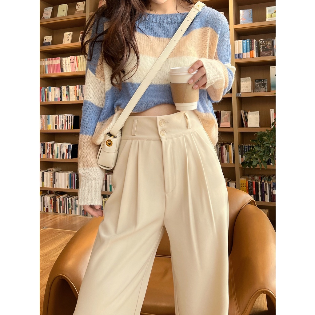 Celana Setelan Wanita Krem Korean / Celana Kasual Wanita Highwaist Import