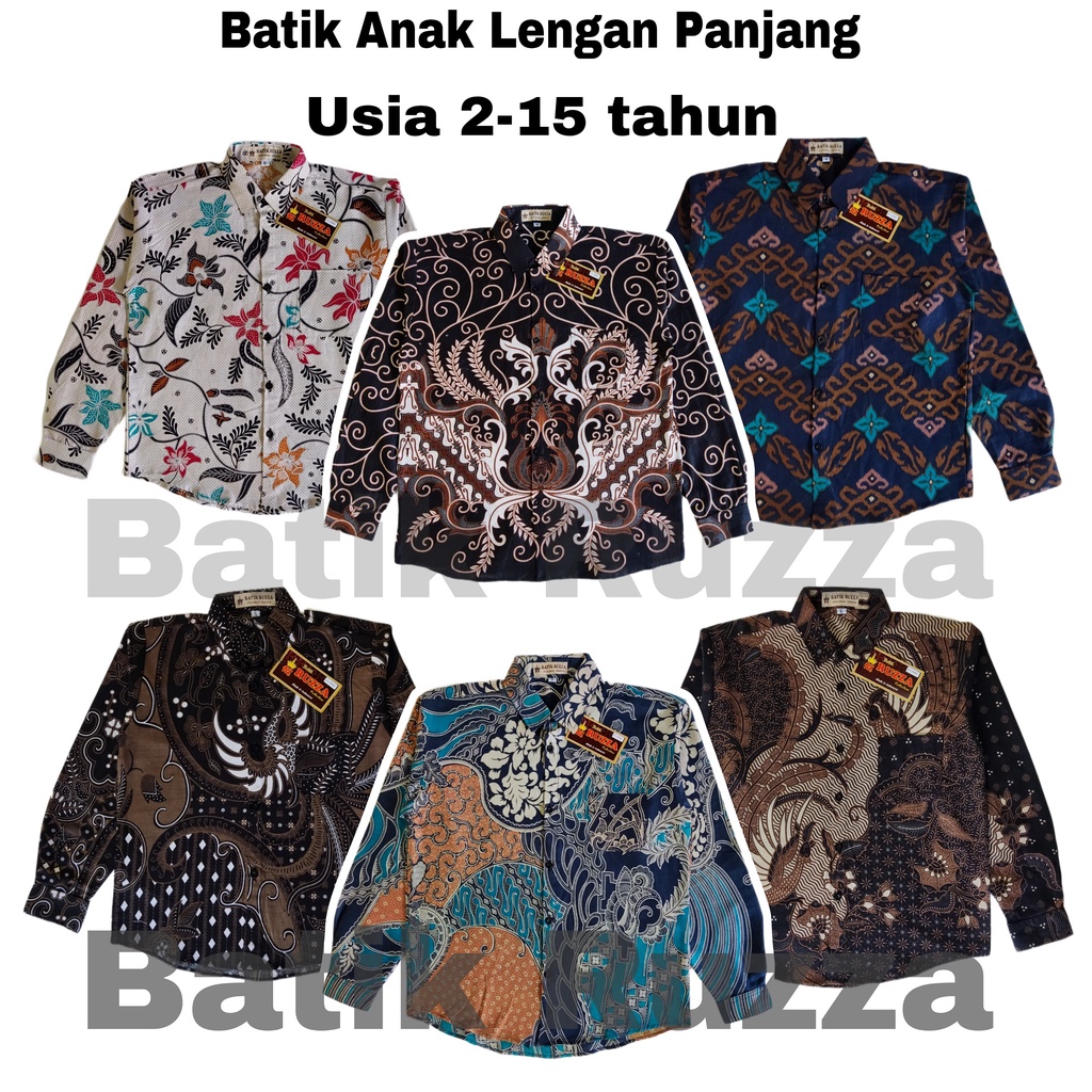 RUZZA Batik Anak Lengan Panjang Ukuran 2-15 Tahun Kemeja Motif Mahkota Cucak Rowo Navy