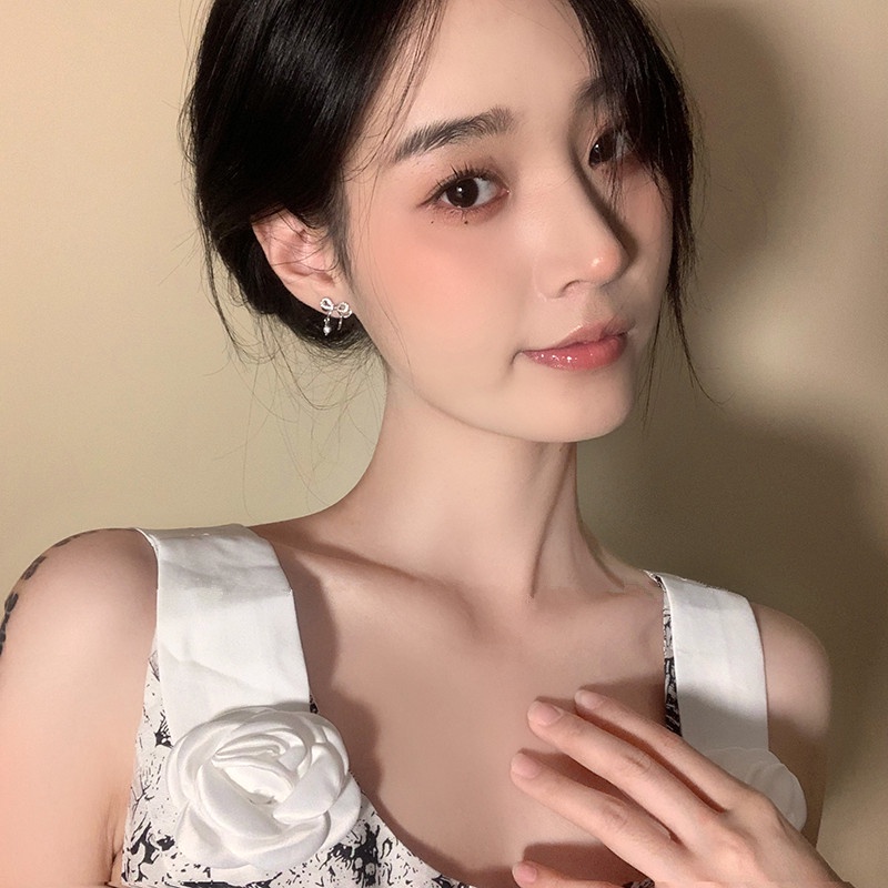 Roselife Korea Perak Berlian Imitasi Busur Stud Anting Untuk Wanita Gadis Bersinar Zirkon Ikatan Simpul Anting Fashion Telinga Perhiasan 1pasang