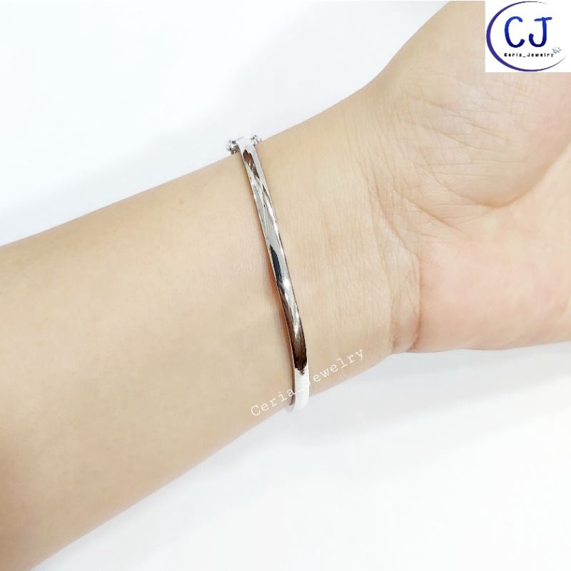 Gelang Perak Asli Silver Wanita 925 Lapis Emas Putih Model Bangle Bunga Permata Hitam Keliling Oval - Perhiasan Perak Asli