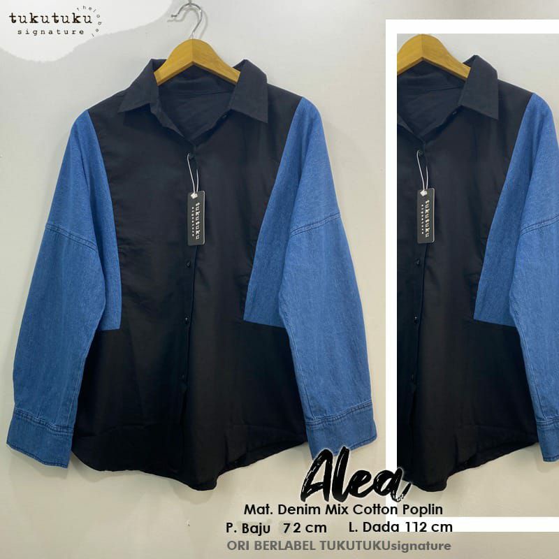 ALEA BLOUSE BAHAN DENIM MIX CATTON POPLINE LD 112CM PB 72CM/ATASANWANITA/BAJUWANITAMURAH/BAJUKEKINIA