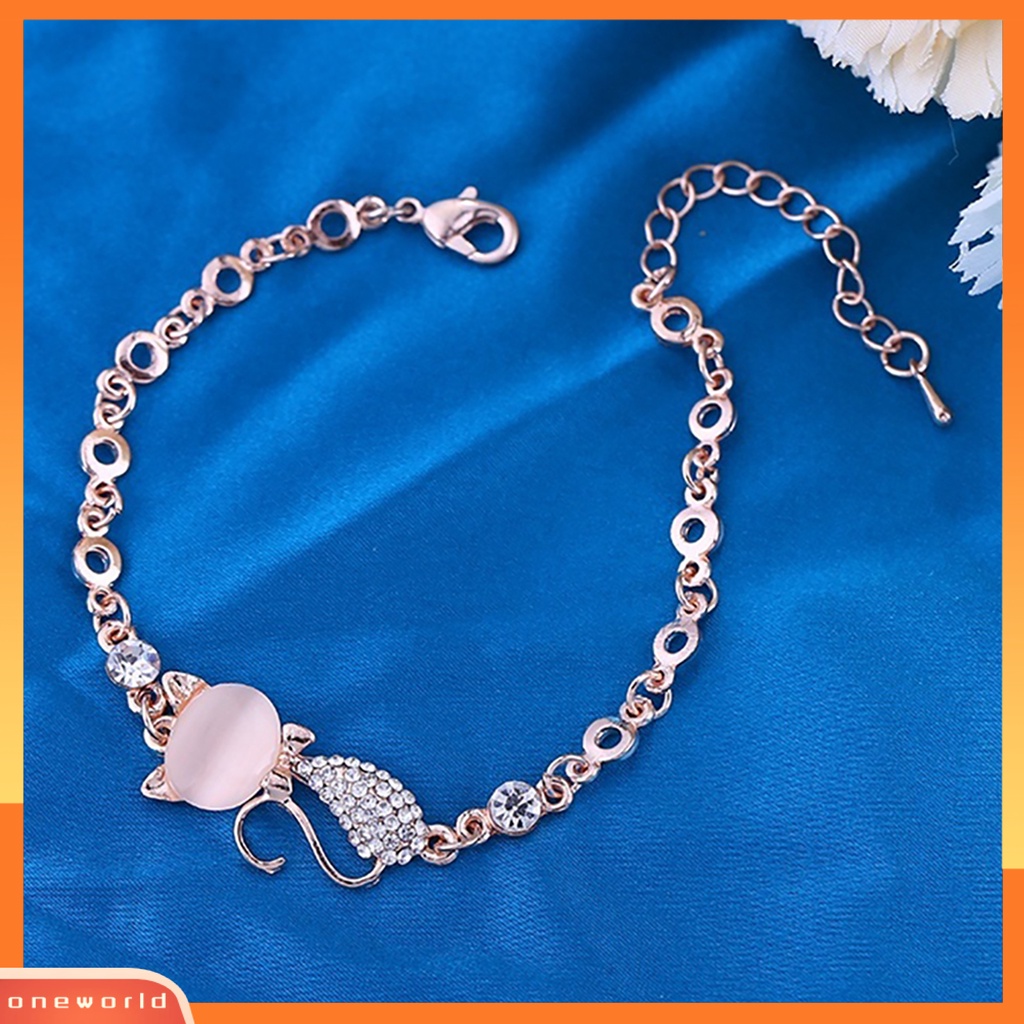 {oneworld} Perhiasan Rantai Gelang Bangle Berlian Imitasi Wanita Ladies Lovely Cat Pendant Opal Untuk Kehidupan Sehari-Hari