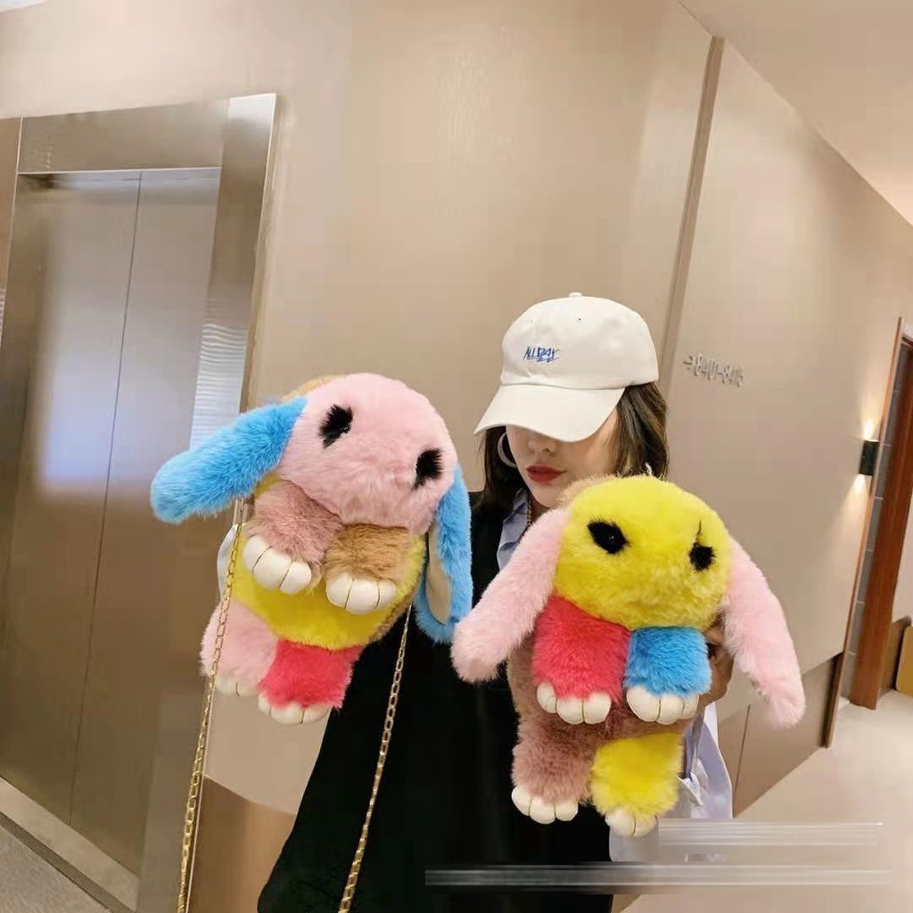 (COD) Tas selempang wanita tas kelinci Pelangi kartun mewah murah lucu bulu import  tas anak-anak