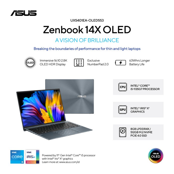 Laptop Asus ZenBook 14X OLED UX5401EA TOUCH i5 1135G7 RAM 8GB 512GB SSD IRISXE OHS 14.0 2.8K W11