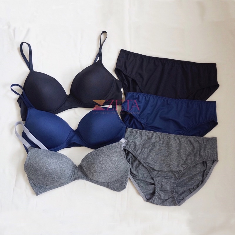 [ZETA] Rosella Set Dark Color | Set Pakaian Dalam Wanita Bra T-Shirt Tanpa Kawat dan Celana Dalam Mi
