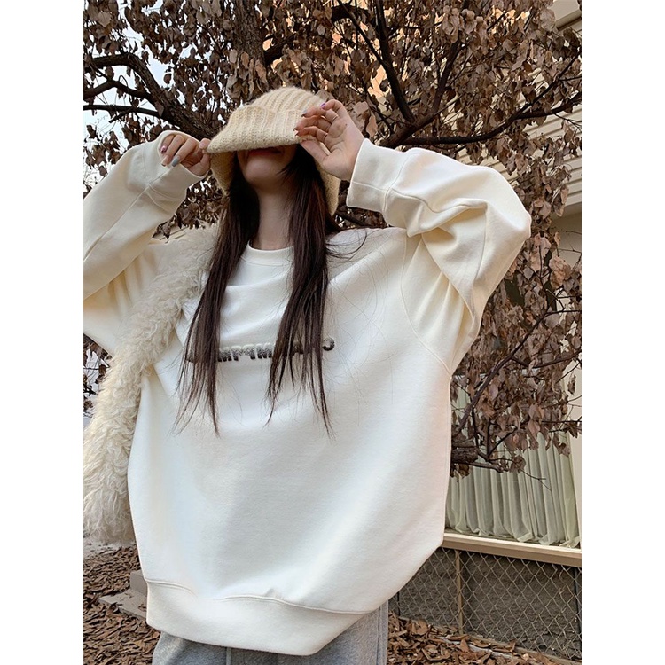 ◊✾ↂ[Pengiriman dalam waktu 24 jam] Mantel sweater leher bulat bordir huruf gaya malas wanita musim gugur garam longgar longgar all-match tanpa topi lengan panjang pullover top