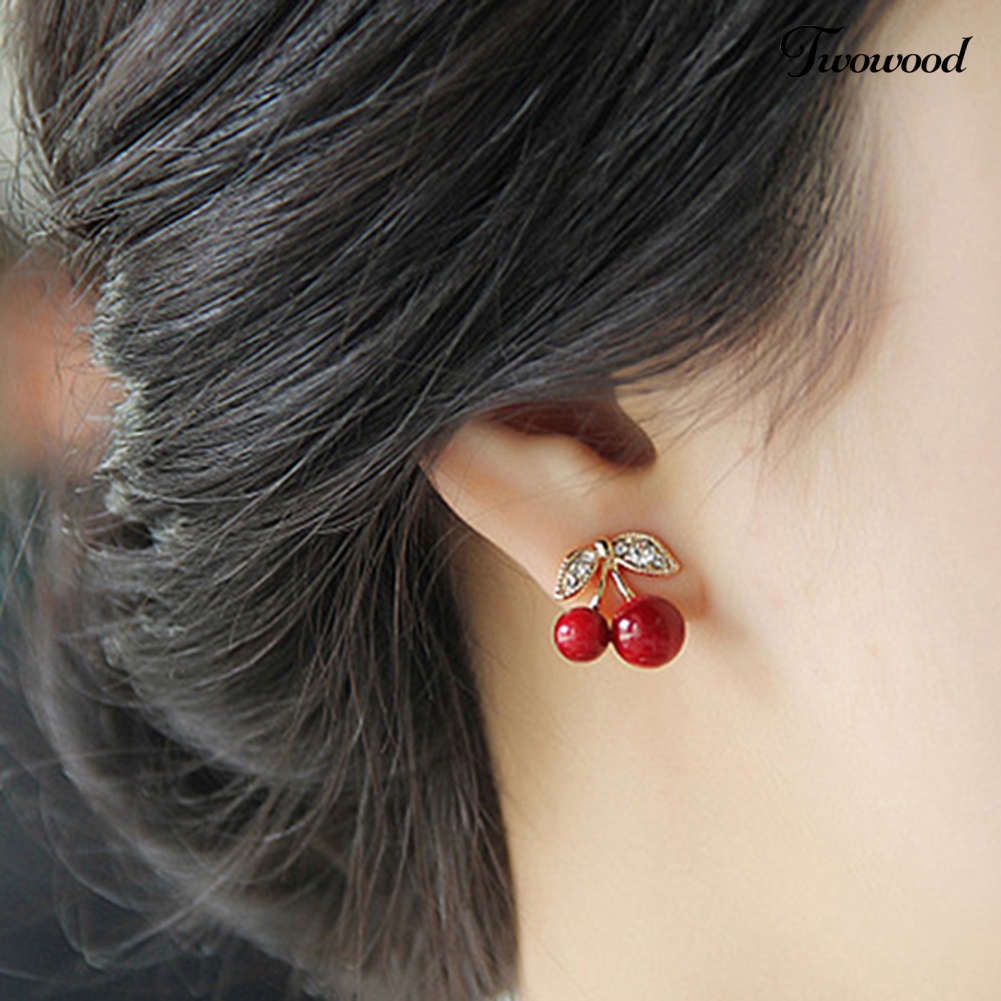 Duakayu Wanita Merah Cherry Bening Berlian Imitasi Telinga Studs Beads Golden Alloy Leaves Earrings