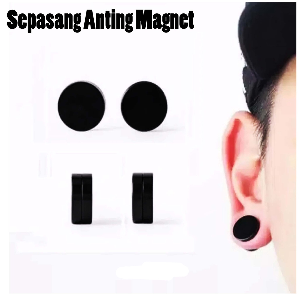 Anting Magnet (Sepasang Kiri dan Kanan) Anting Maghnet Titanium Anti Karat Pria Silver &amp; black Hitam