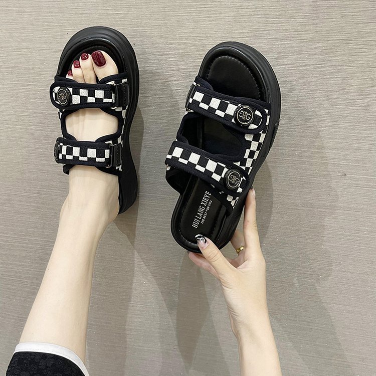 ✅PINKEY P037 Sandal Wedges Wanita Petak Hitam Putih Fashion Import