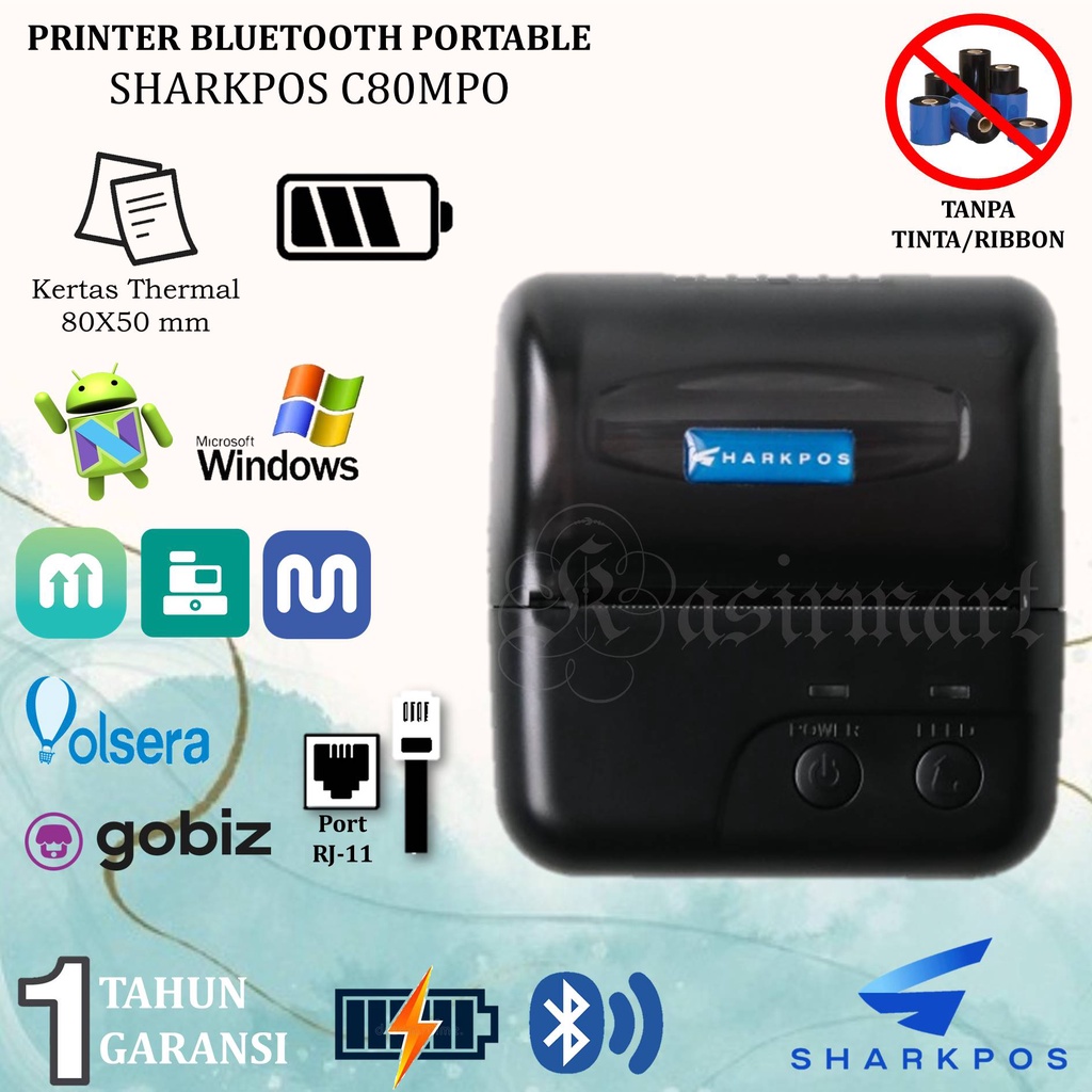 SHARKPOS C80MPO PRINTER THERMAL BLUETOOTH 80MM PORTABLE BATERAI RPP02N SUPPORT RJ11 MOKAPOS QASIR PAWOON PRINT RESI