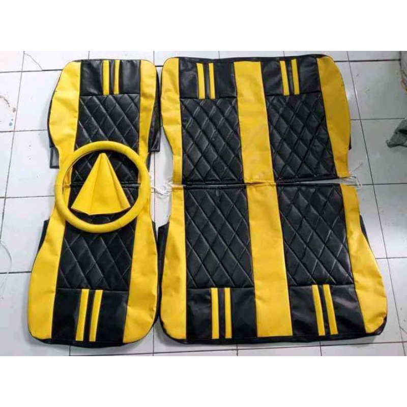 SARUNG JOK MOBIL L300 DAN NEW CARY KUNING  HITAM VARIASI MOTIF