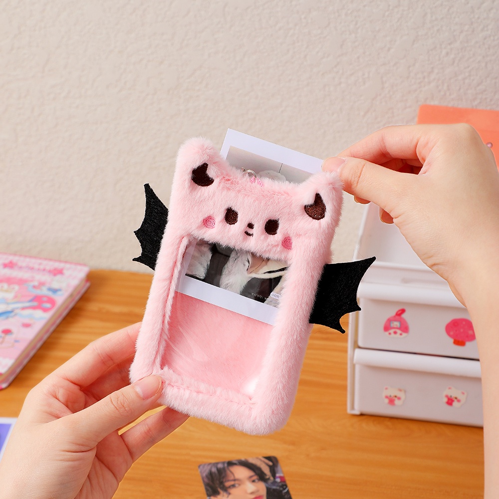 Kawaii Little Devil Plush Card Holder 3inch Idol Photocard Sleeves Cover Cute Soft Rabbit Bus Card Foto Pelindung Case Alat Tulis