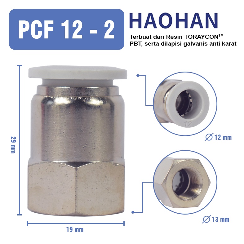 PCF Sambungan Pneumatic Fitting Lurus 10 / 12 / 8 / 6mm BSP 1 / 8 1/4 3/8 1/2 Female Thread Slip Lock