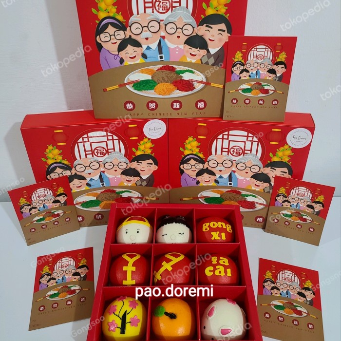 

✨READY✨ -Kue Pao + Box Hamper Imlek CNY 2022 rasa Mix coklat+keju isi 9pc - merah- 1.1.23