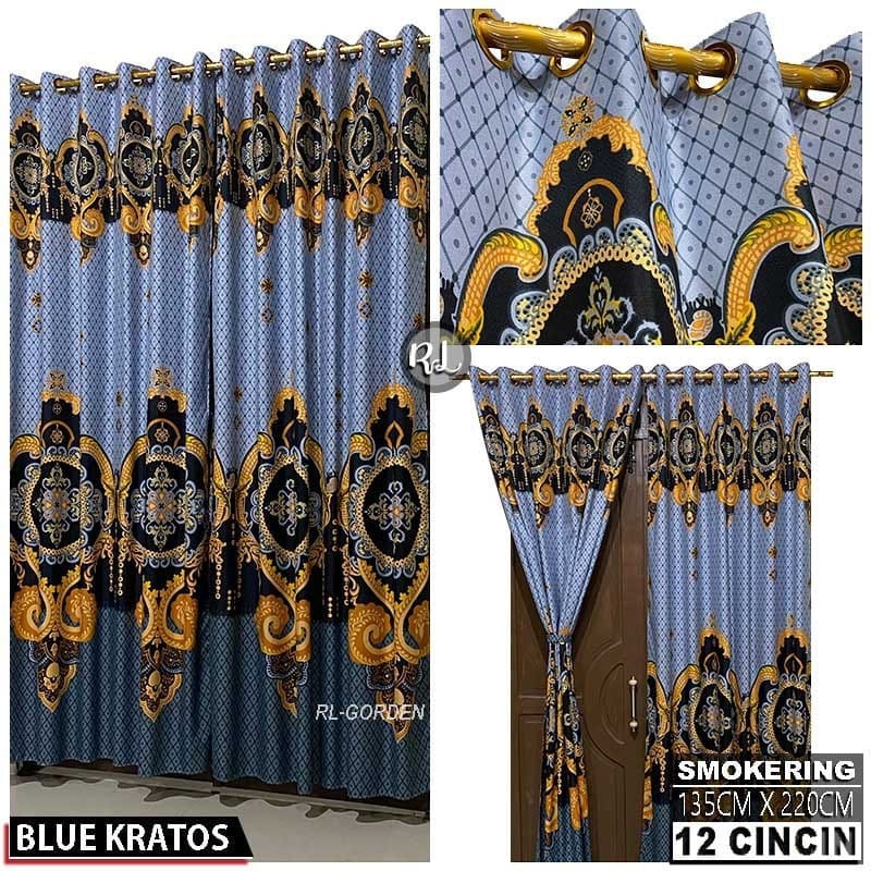 Termurah Gorden Hordeng Pintu SMOKRING 12 Ring Motif Bunga Kratos Biru