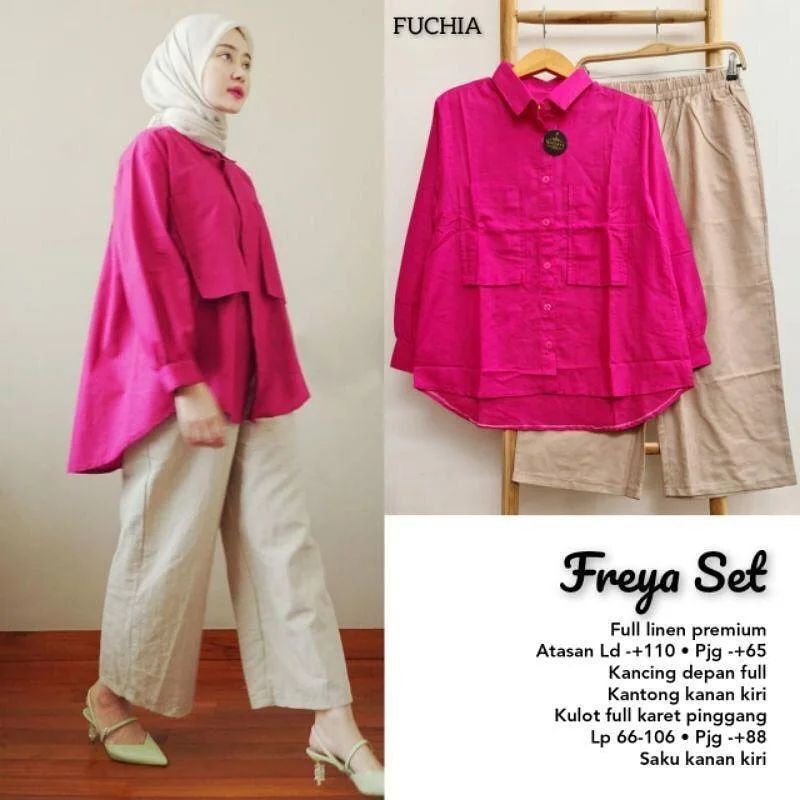 Freya Set Blouse dan Bawahan Motif Polos Kasual Style