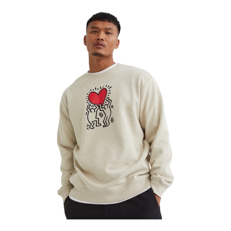 ( 8.8 ) Crewneck Sweatshirt H&amp;M Unisex Sablon Keith Haring Dance Cream, Navy, Flecee Katun Lembut Tebal, Free Papperbag