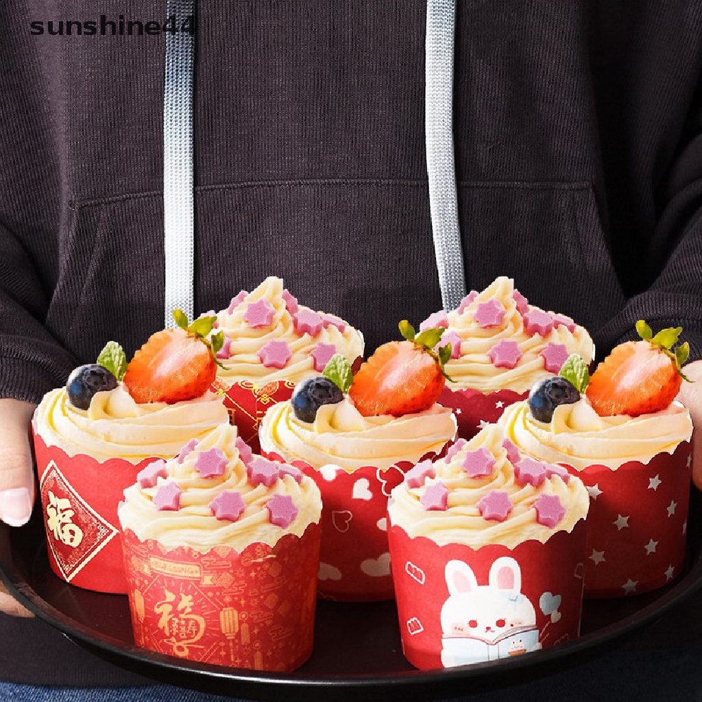 Sunshine 50Pcs Dekorasi Kue Imlek Pernikahan Ulang Tahun Spring Festival Pastry Cupcake Packaging Red Paper Cup.