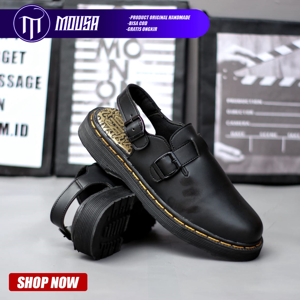 Sandal Docmart Pria Hitam Kulit Pu Nyaman Santai Mousa Yve