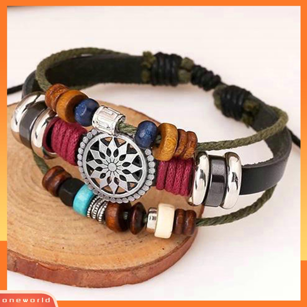 {oneworld} Boho Wanita Multi Layer Manik-Manik Anyaman Tali Kulit Gelang Adjustable Perhiasan