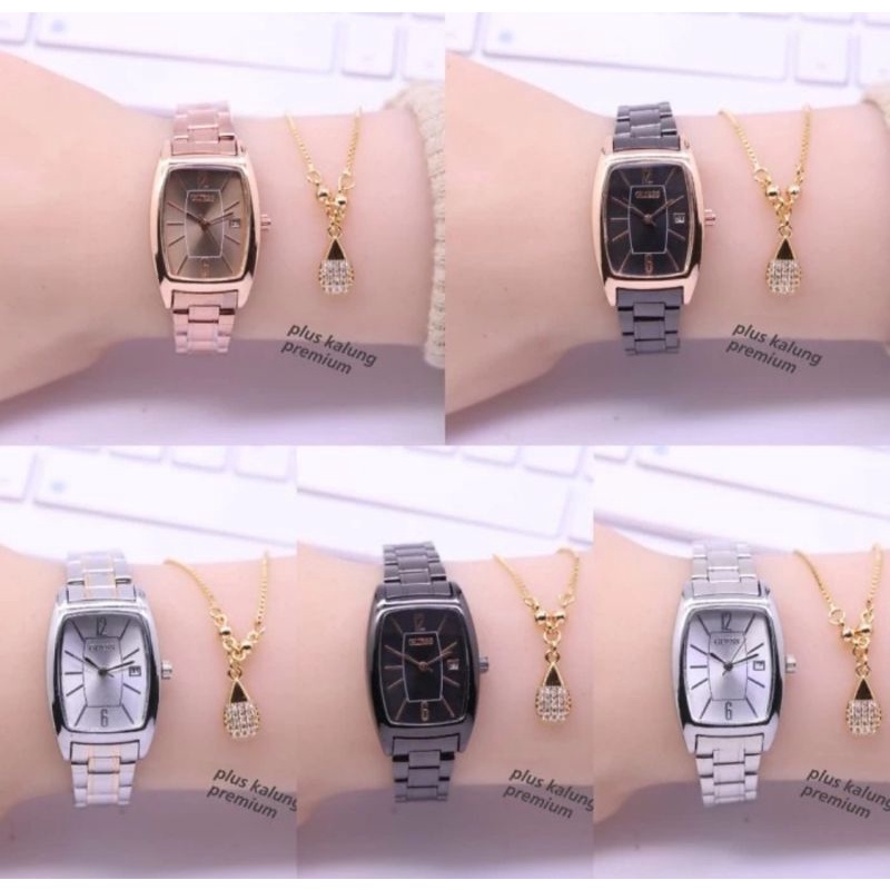 (Cod)Jam Tangan Wanita Fashion Gues Oval Angka Tanggal Aktif Strap Rantai/Stell(Dikirim Jakarta)