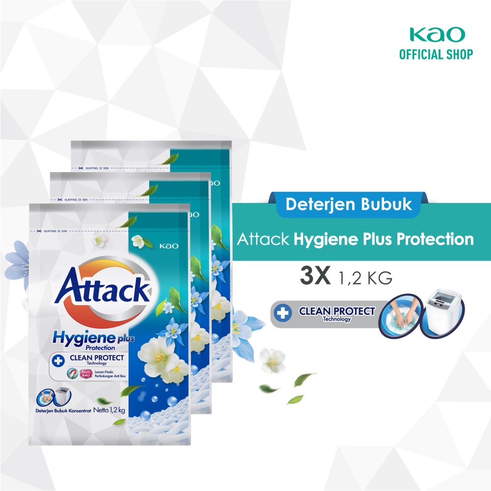 Attack Hygiene Plus Deterjen Bubuk Semua Jenis Mesin Cuci 1200gr Triple Pack - Sabun Cuci Baju / Powder Detergent Pembersih Pakaian - Lebih Higienis, Efektif Melawan 7 Jenis Kuman