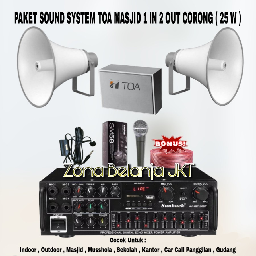 PAKET SOUND SYSTEM TOA MASJID MUSHOLLA 1 IN 2 OUT SPEAKER CORONG TOA 25W ( SET 3 )