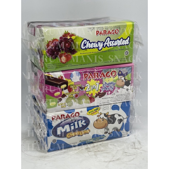 

6.6 Permen Parago Chewy Assorted Milk Candy Box Permen Lunak Aneka Rasa isi 80 pcs x 7gr