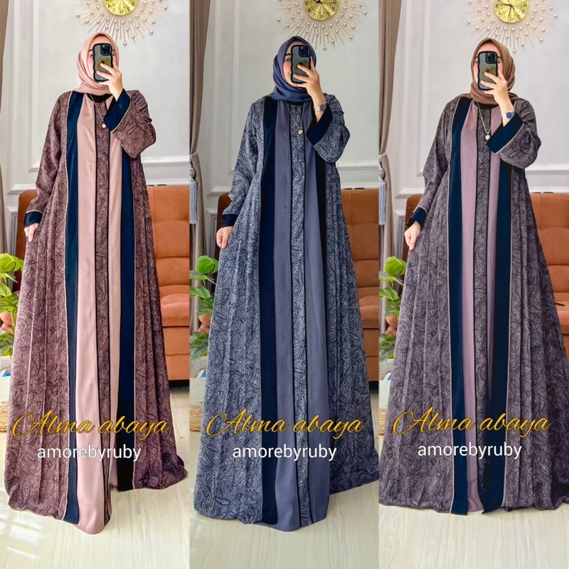ALMA ABAYA DRESS AMORE BY RUBY GAMIS INNER OUTER BUSUI FRIENDLY TALI PINGGANG MANSET KONDANGAN MOTIF