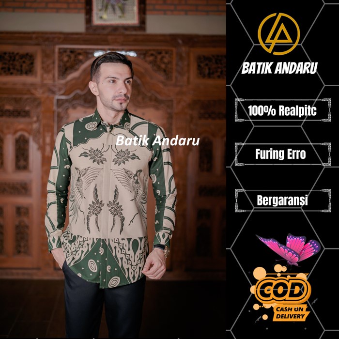 Baju Kemeja Batik Pria Cowok Lengan Panjang Modern Heem Premium Warna Hijau Mint Pastel