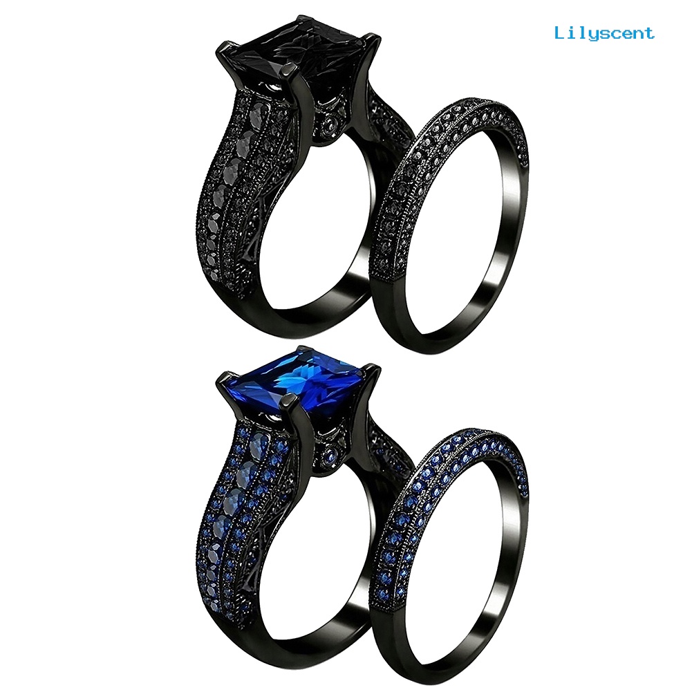 [LS] 2pcs/set Wanita Persegi Cubic Zirconia Jari Cincin Perhiasan Pertunangan Pernikahan