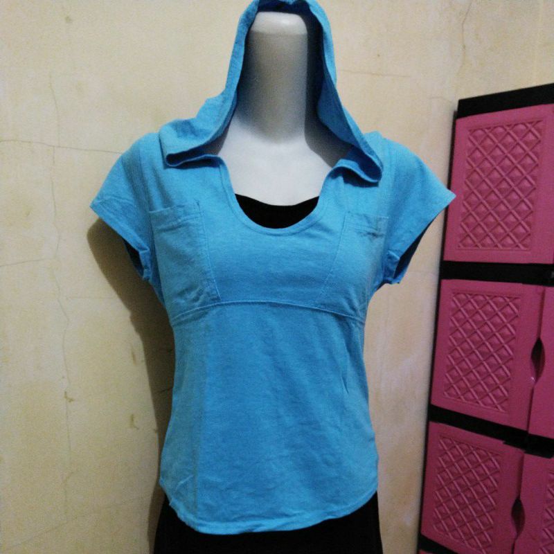 Atasan wanita kaos hoodie korea biru