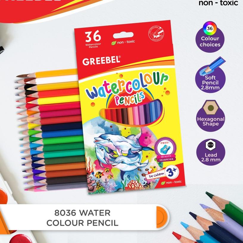 

Baru !! GREEBEL Pensil Warna WATERCOLOUR bonus kuas & serutan 8036 (ISI 36) / Coloring Pencils Cerah Tidak Berdebu & Tidak Beracun (Non toxic)