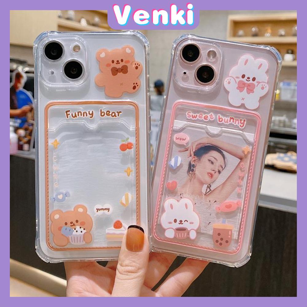 For iPhone 14 Pro Max Card Holder Case Clear Card Storage Back Cover Cute Cartoon Bear Bunny Camera Protection Shockproof For iPhone 14 13 12 11 Plus Pro Max 7 Plus X XR