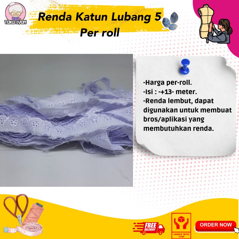 Renda katun putih lubang 5 / renda katun putih lubang lima per roll