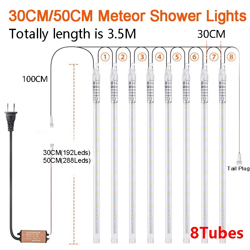 Lampu Meteor LED Hujan 50cm RGB 1set 10batang 192 / 288-led 3.5 meter