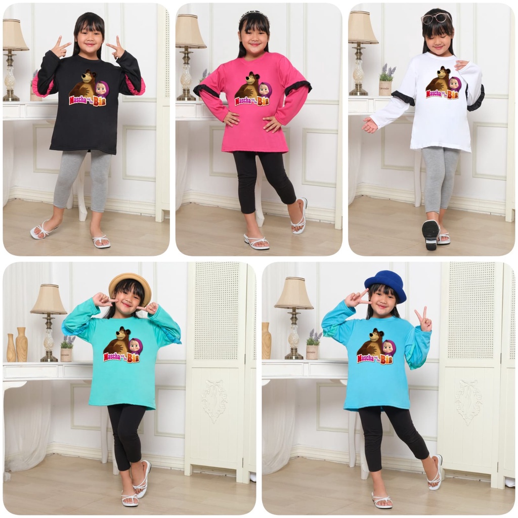 Hzl_outfit Baju Kaos Naswa Anak Cewek Kerut Lengan Panjang Mascha/ Bayar COD)