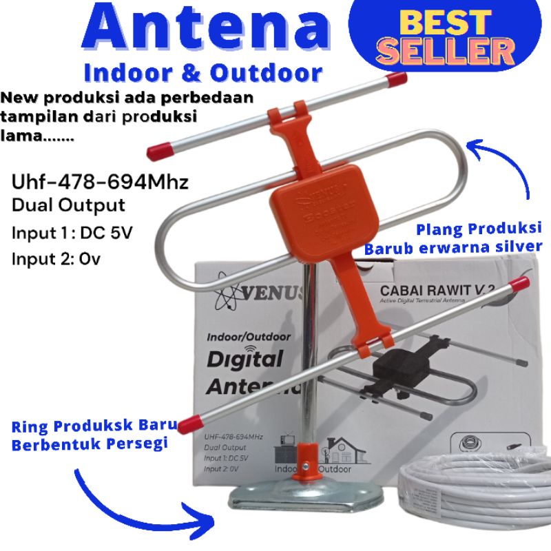 Antena TV Digital Analog Venus Cabai Rawit Indoor Outdoor 2 Output V2