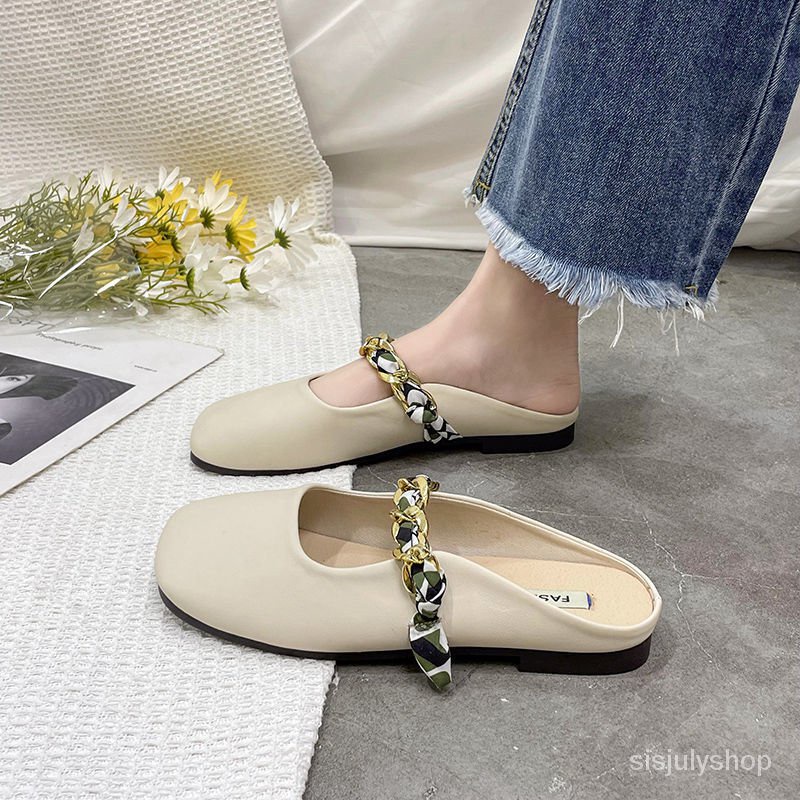 #Sisjuly# Sandal wanita baru datar bawah memakai sepatu luar mullet sepatu slip tahan setengah sanda