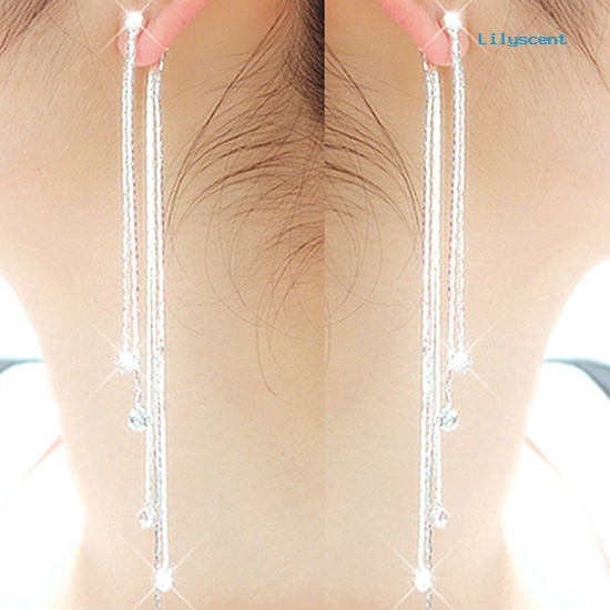 [LS] Wanita Berlian Imitasi Super Panjang Jumbai Drop Menjuntai Cocktail Pesta Linear Earrings