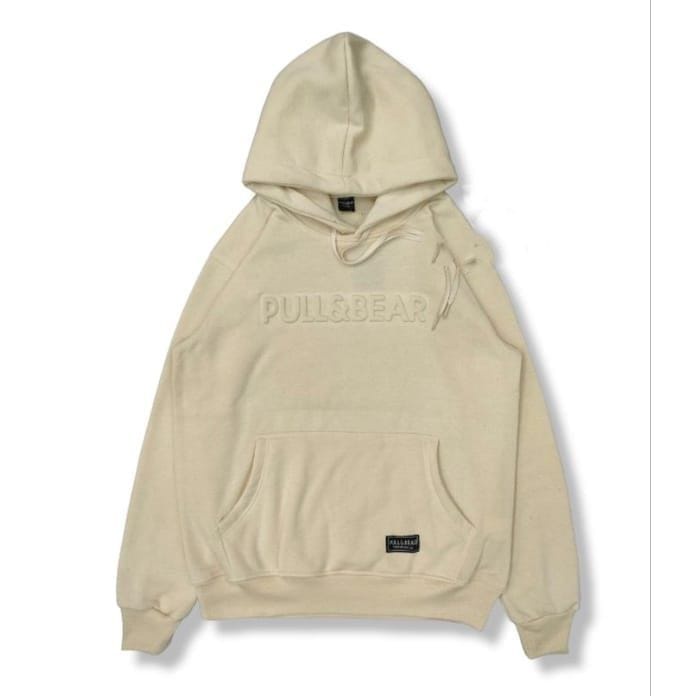 Jaket Sweater Hoodie Pull And Bear Distro Premium - Jaket Hoodie PullBear Cream Logo 3D Sablon Embossed Font Timbul Premium Unisex