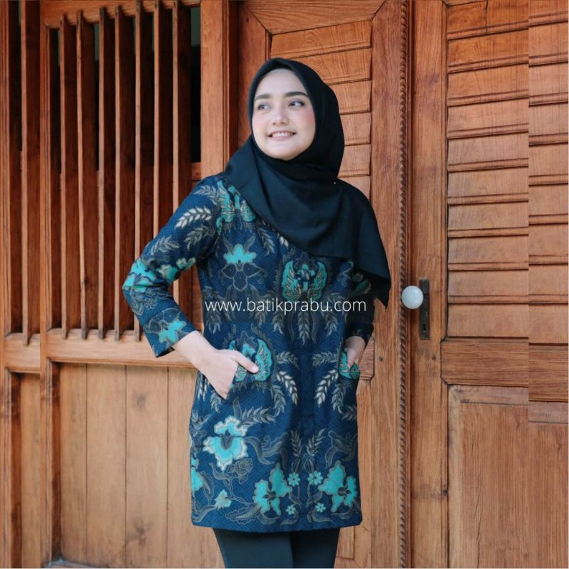 Batik kemeja ekslusif batik bahan katun halus lapis furing size reguler navy toska