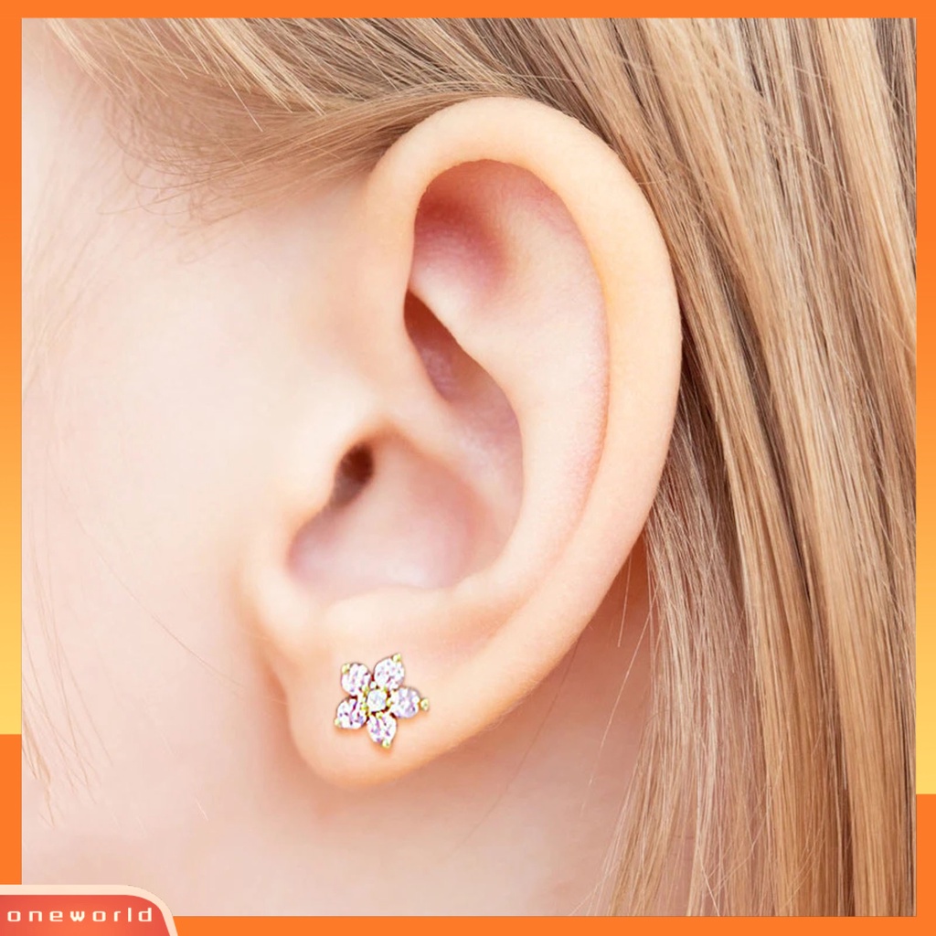 [oneworld] 1 Pc Indah Tindik Stainless Steel Tongkat Telinga Tulang Stud Cubic Zirconia Bunga Kecil Stud Earring Perhiasan Aksesori