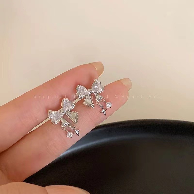 Busur Zirkon Pejantan Anting-Anting Anting-Anting High-End Wanita Mode925 Perak Pin Anting Aksesoris Hadiah