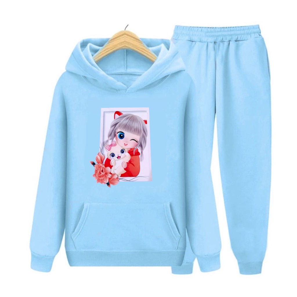 Baju Setelan Sweater Anak Perempuan Viral Motif Printing Kitty Girl