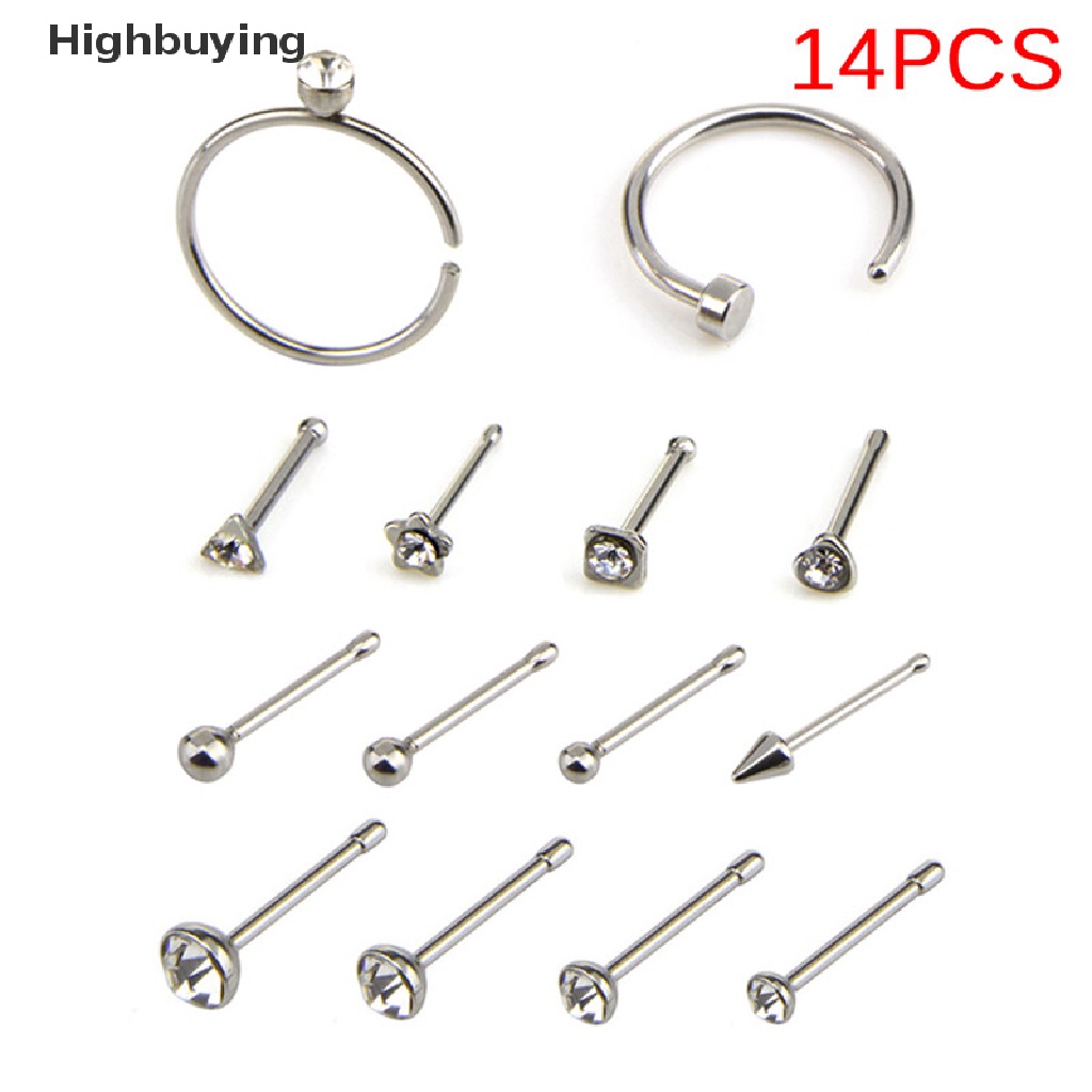 Hbid 14PCS/Set Stainless Steel Kristal Hidung Hoop Septum Cincin Tulang Studs Body Glory