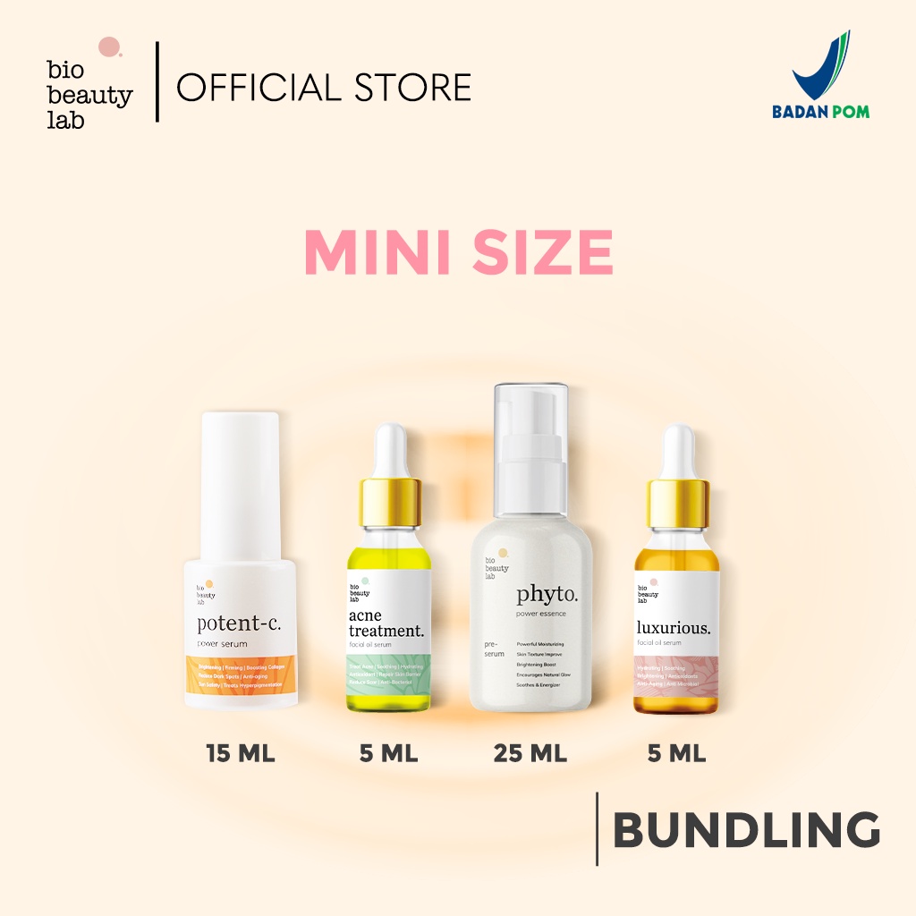 Bio Beauty Lab Bundling Mini Size 15ml Potent-C Power Serum + 5ml Luxurious Facial Oil Serum + 5ml Acne Treatment Facial Oil Serum + 25ml Phyto Power Essence