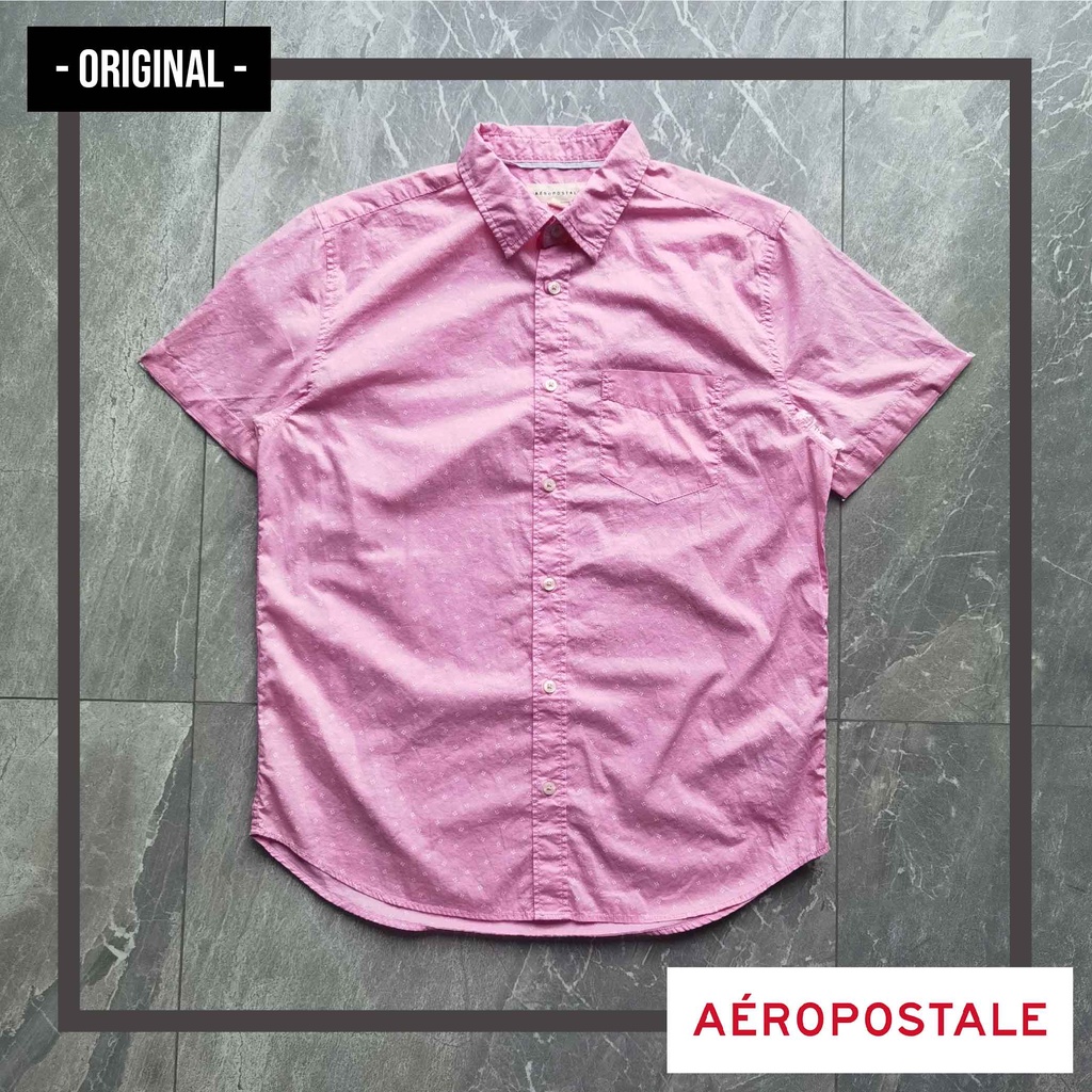 Kemeja Pria AEROPOSTALE Lengan Pendek Pink Motif Clover Putih ORIGINAL