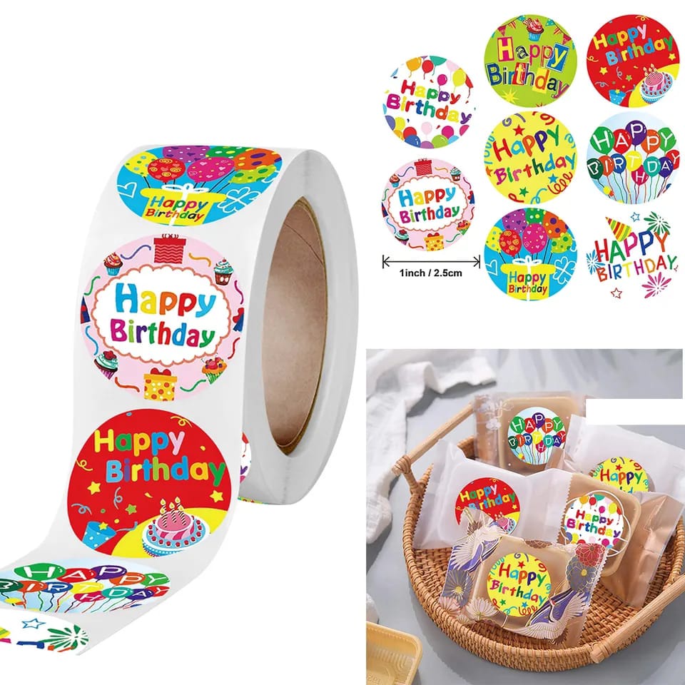 

Sticker Label Ulang Tahun 1 Roll 500Pcs Sticker Happy Birthday Motif Cantik Serbaguna
