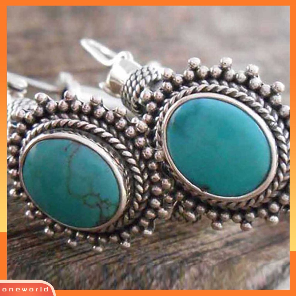 {oneworld} 1pasang Anting Hoop Tindik Oval Ukir Unik Biru Turquoise Bohemia Retro Earrings Perhiasan Aksesoris